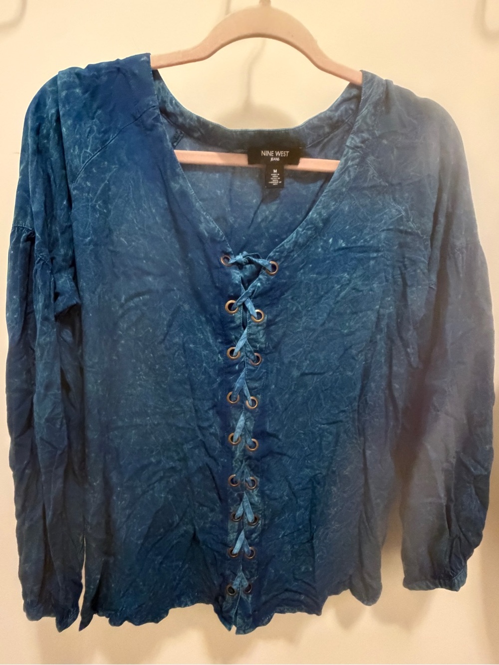 Nine West Teal Blue Lace-Up V-Neck Top